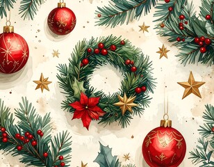 Festive Christmas Arrangement with Ornaments, Wreath, and Evergreen Branches.