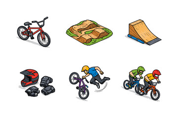 Naklejka premium Bmx adventure icons: cycling, stunts, and gear in colorful cartoon style