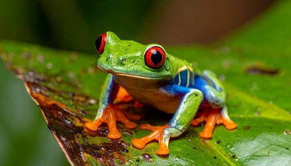 Obraz premium Vivid, detailed close-up of a vibrant tree frog with striking red eyes, sitting on a glossy green leaf. Its skin showcases brilliant colors