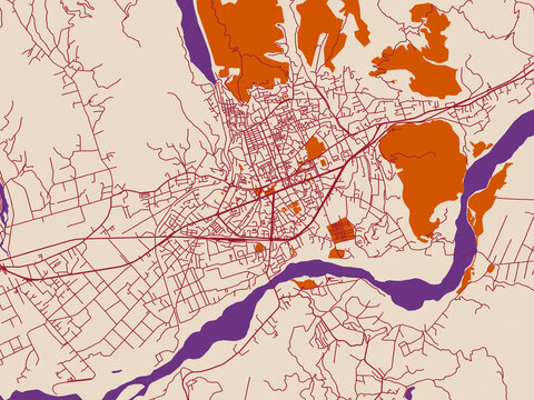 Urban map poster of Elbasan, Albania with warm ivory base with deep wine street grid, clay-orange areas and dusky purple waterways