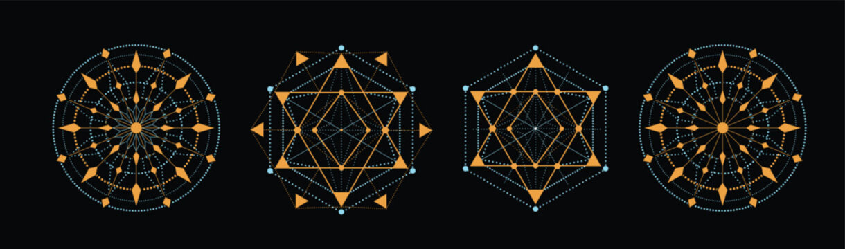 Sacred geometry vector illustration set with abstract cosmic symbols on black background