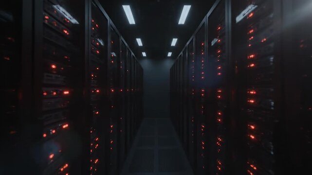 A dark server room corridor with blinking lights, creating a mysterious ambiance