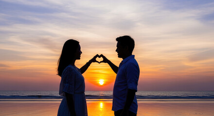 Silhouette of Two People Making Heart Shape against Bright Sun.