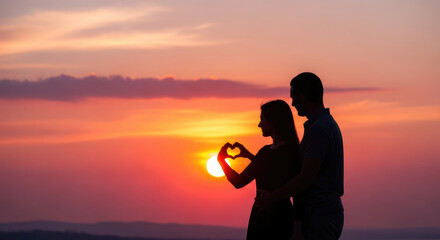 Romantic Date Night Concept with Sunset and Heart Gesture.