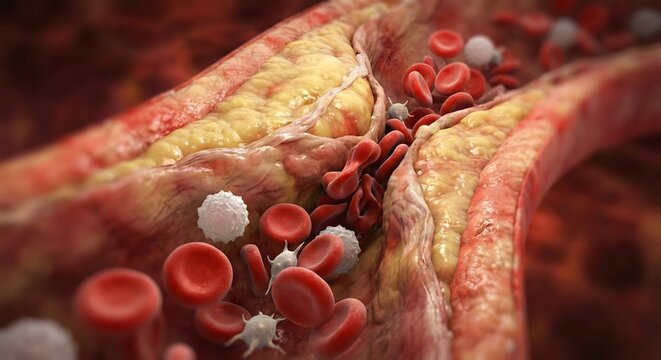 Atherosclerosis and blood clot formation in an artery, a medical illustration of cardiovascular disease.