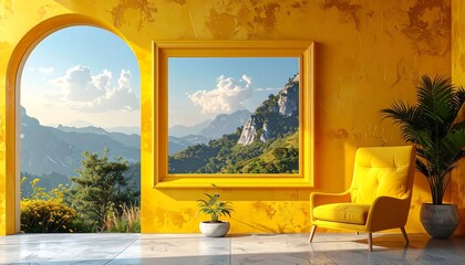 Interior Design with Mountain View Painting and Yellow Accents.