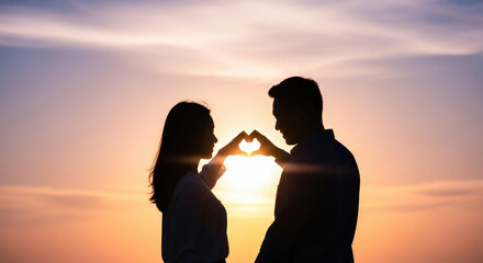 Romantic Man and Woman Forming Heart Gesture against Orange Sky.