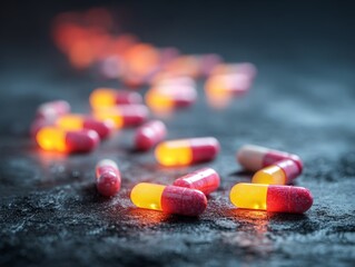 Red capsules scattered with a dna helix representing genetic medicine and science