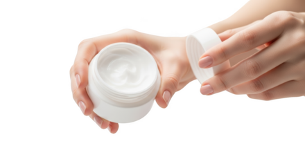 Woman opening a container of face cream in her hands isolated on transparent background