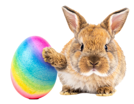 Easter bunny with colorful Easter eggs isolated on a white background – transparent cutout for compositing - Powered by Adobe
