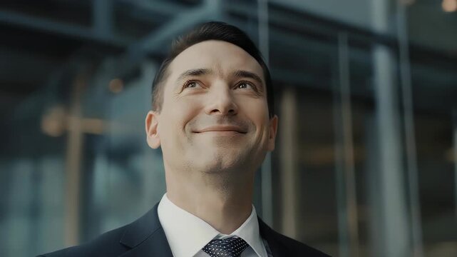 Smiling man in a suit looking up with office building behind him 