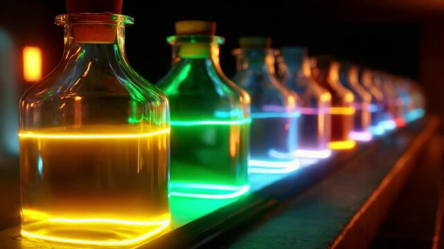 A vibrant array of luminous potion bottles lined up in a dark setting, showcasing a spectrum of colors glowing softly along their edges, hinting at magical or scientific properties within each