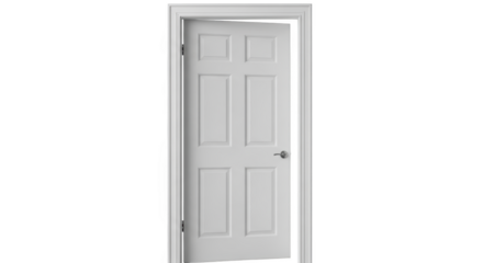 White interior door with six panels slightly open isolated on transparent background