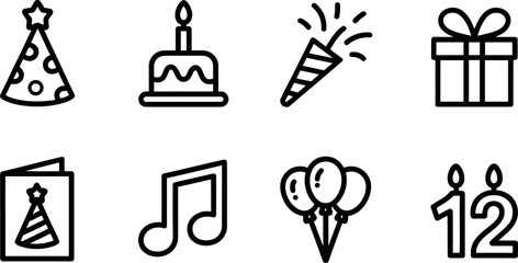 A collection of festive birthday icons including a party hat cake with candle party popper gift box greeting card musical note balloons and number twelve candles