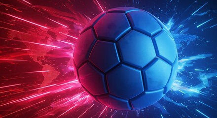 Soccer ball on colorful neon background with world map