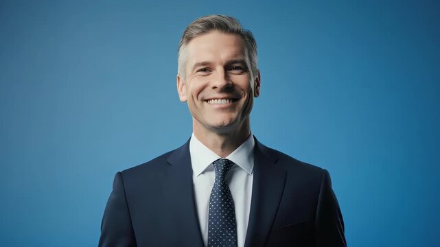 Smiling middle-aged male in formal business attire on a blue background 