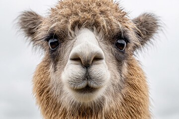 Fototapeta premium Close view of a camel in a field during cloudy weather