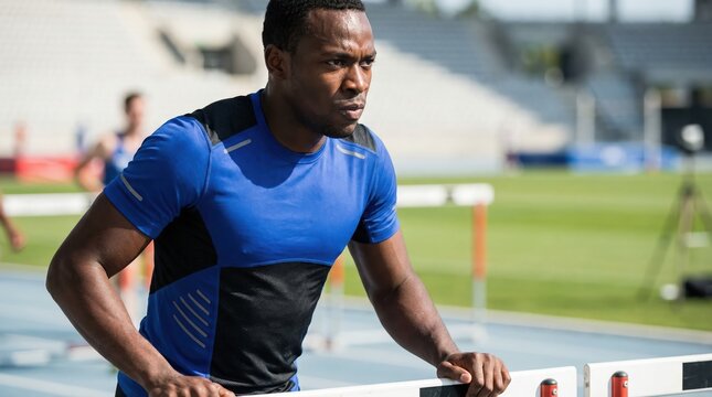 Athletic muscular african american male sprinter training over hurdles on outdoor stadium track under daylight with blurred stands background. Concept of determination and professional sports - Powered by Adobe
