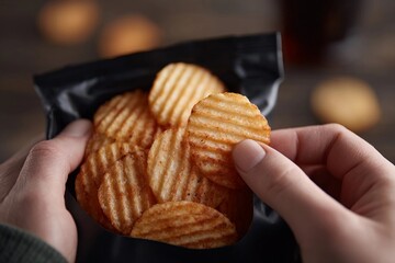 Hands reach for crispy potato chips from a black bag