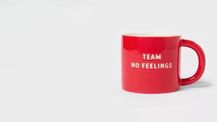 Humorous earthenware mug for Valentine's Day on copy-space background.