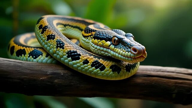 Close-up of python&rsquo;s scales glistening as it curls slowly on a wooden branch, soft jungle background, 4K loop