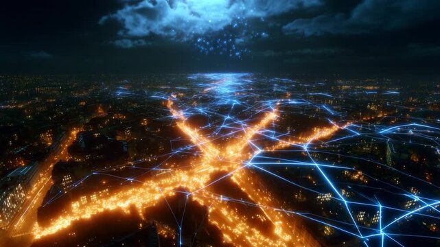 A Stunning Visualization of a Futuristic Cityscape at Night, Illuminated by Glowing Pathways of Light and Overhead Stars, Showcasing the Intersection of Technology and Urban Life