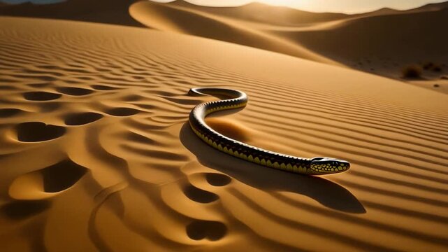 Cinematic view of snake crawling through desert sand leaving elegant trails, sunlight flares, 4K loop