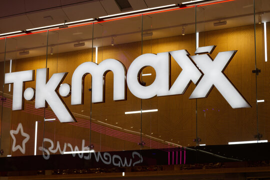 TK Maxx logo on the front of its shop in London. TK Maxx is a European off-price retailer specializing in clothing, footwear, and home goods.
