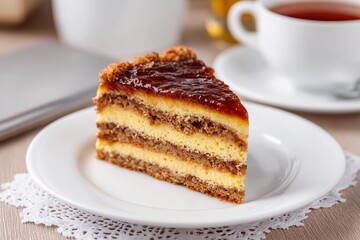 Layered cake served with tea on a white plate