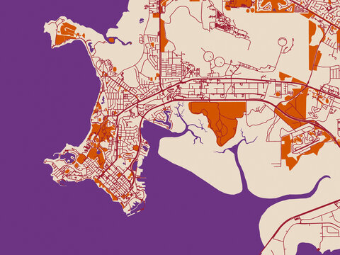City map of Darwin center, Australia &ndash; burgundy linework on cream