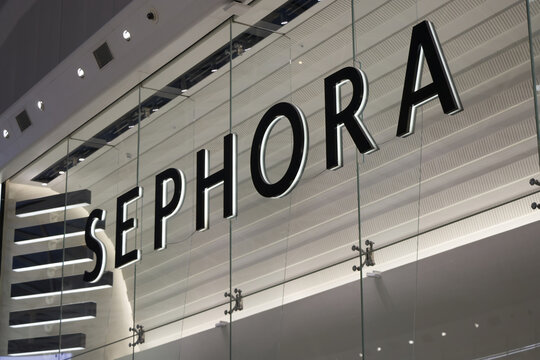 Sephora logo above the entrance of its London store. Sephora is a French multinational cosmetics and beauty retailer.