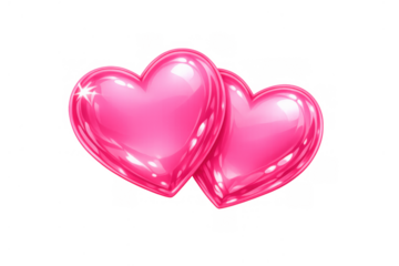Two pink glossy 3d hearts representing love, romance, and passion for valentine's day and celebrations, isolated transparent background