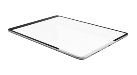 Sleek silver tablet device with blank white screen for mockup and presentation isolated on transparent background
