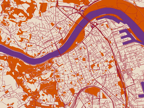 Street network map of Linz centrum, Austria, muted violet water and terracotta