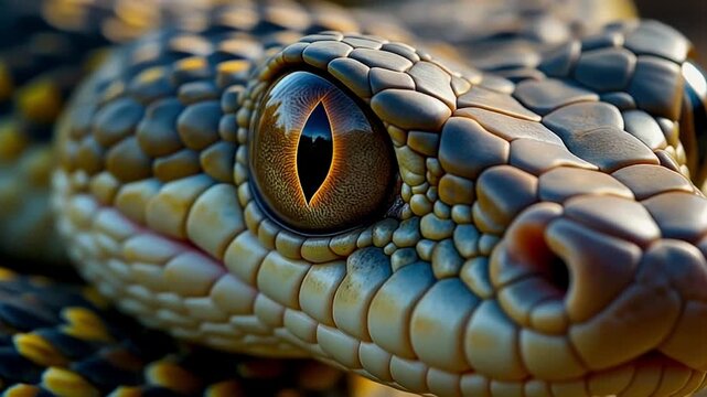 Hyper-realistic 4K Apex Predator: Macro shot of snake eyes blinking with intense shallow focus and realistic scale texture