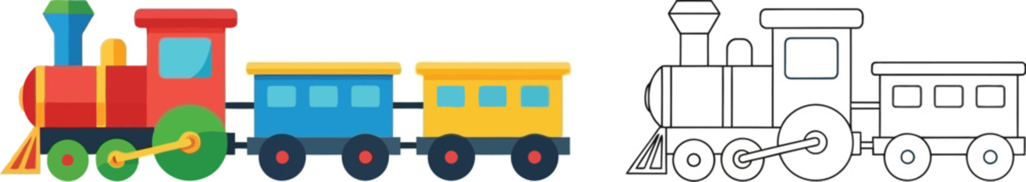 a colorful toy train and its black and white outline illustration design