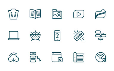 Set of minimalist linear web and tech icons. Bin, folder, video, laptop, bug, cloud, server and flowchart symbols isolated on white background.
