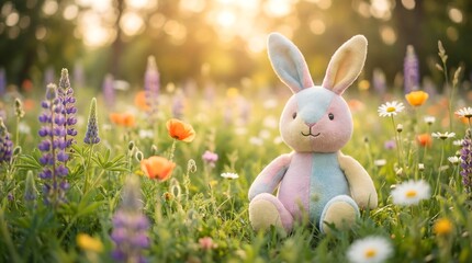 Adorable pastel-colored plush bunny seated in a blooming wildflower field during a sunny spring evening
