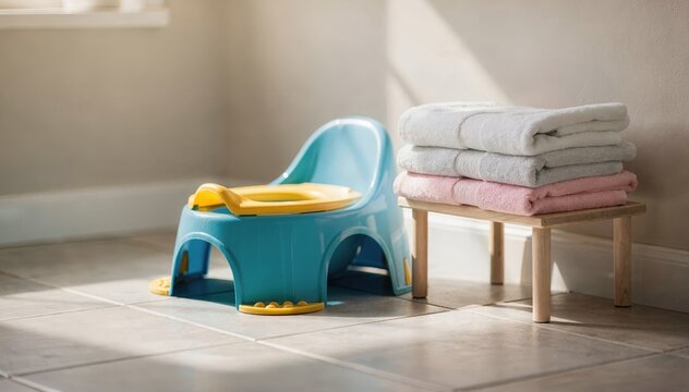 Focused medium shot of a playful bathroom corner equipped with a childs potty and clean towels blurring the rest of the welllit training space.