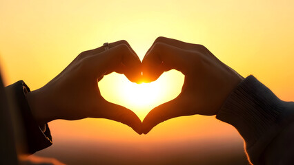 Hands forming heart shape at sunset love silhouette happy valentine's day