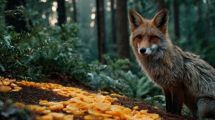 Fototapeta premium Fox observes food laying on the ground in a forest during a bright day
