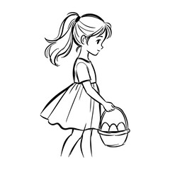 Dibujo sencillo de una ni&ntilde;a de pie sosteniendo en la mano una cesta llena de huevos de pascua