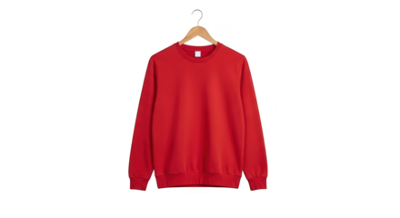 Plain red crewneck sweatshirt hanging on wooden hanger apparel fashion casual clothing template isolated on transparent background