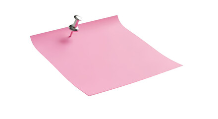 Pink sticky note pinned with silver thumbtack reminder paper for message business office template isolated on transparent background