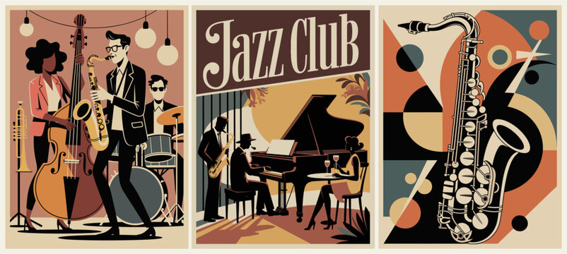 Stylized three-panel jazz club poster in retro art deco style featuring musicians, instruments, and geometric abstract designs in muted brown, teal, and orange tones.