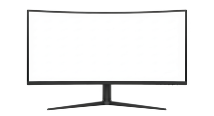 Modern curved monitor displaying blank white screen for graphics design isolated on transparent background