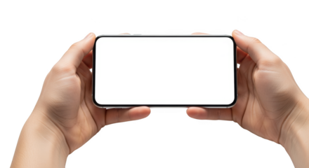 Hands holding smartphone in horizontal position displaying blank white screen isolated on transparent background