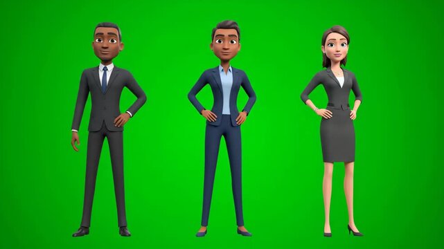 Three diverse 3D animated business professionals dancing on a green screen