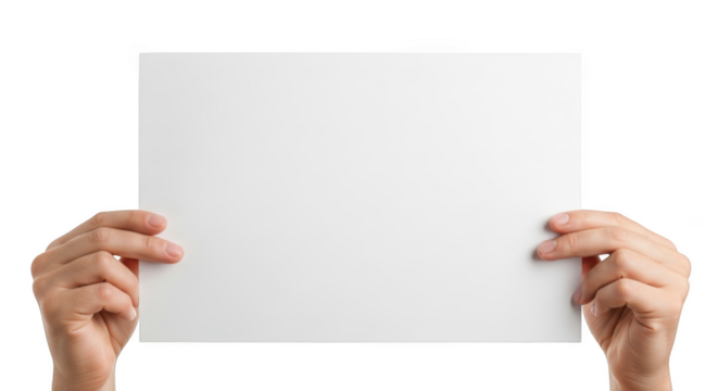 Hands holding blank white paper sheet displaying information isolated on transparent background - Powered by Adobe