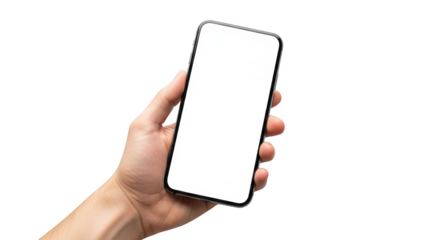Hand holding blank screen mobile phone for app presentation isolated on transparent background